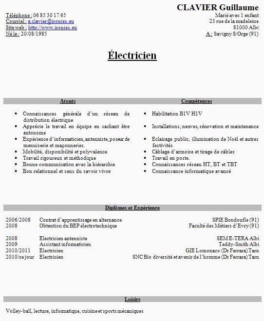 cv en ligne electricien